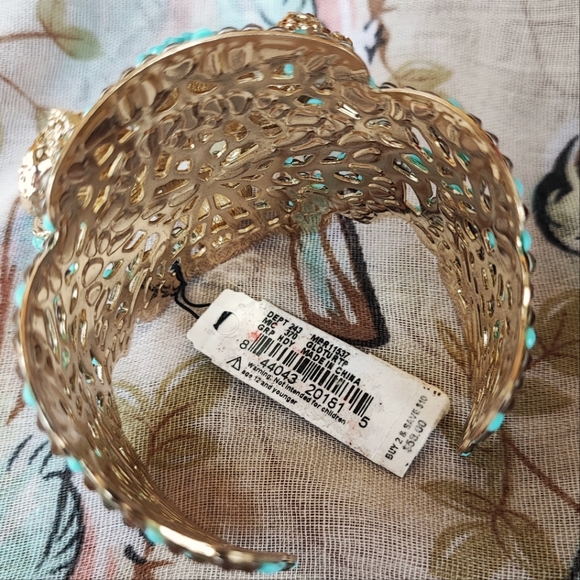 Cezanne Shiny Gold Tone Filigree Cuff Bracelet Faux Turquoise Topaz Rhinestones - Picture 3 of 14